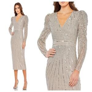 Mac Duggal 93676 Silver Beaded Lace Long Sleeve Midi Dress size 10 New with Tags